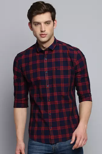 men's long sleeves windowpane checks navy blue shirt