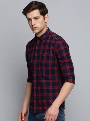 men's long sleeves windowpane checks navy blue shirt 3