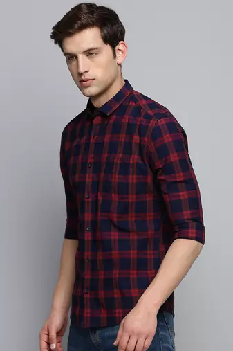 men's long sleeves windowpane checks navy blue shirt
