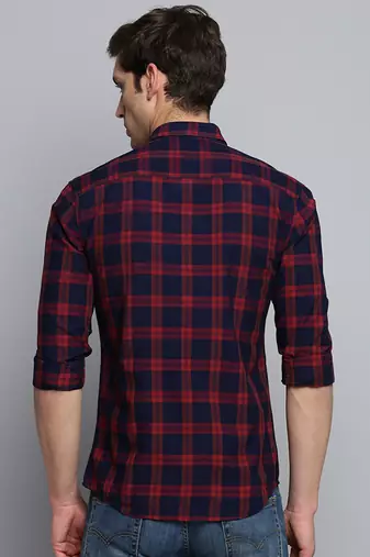 men's long sleeves windowpane checks navy blue shirt