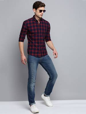 men's long sleeves windowpane checks navy blue shirt 5