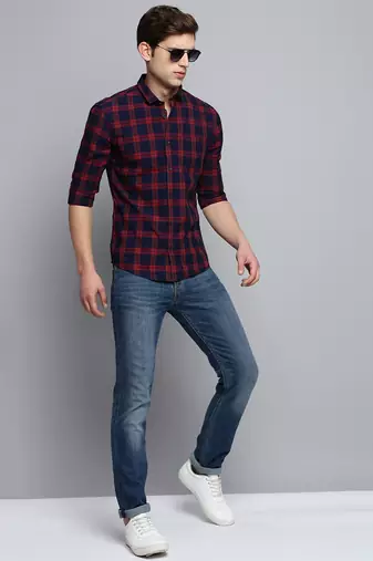 men's long sleeves windowpane checks navy blue shirt