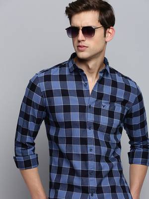 men's long sleeves gingham checks blue shirt 1