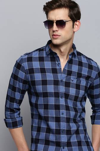 men's long sleeves gingham checks blue shirt