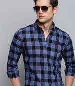 men's long sleeves gingham checks blue shirt