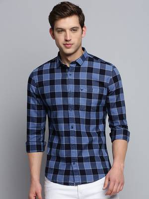 men's long sleeves gingham checks blue shirt 2