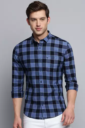men's long sleeves gingham checks blue shirt