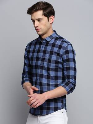 men's long sleeves gingham checks blue shirt 3