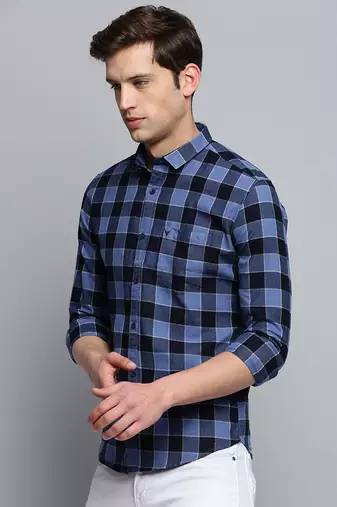 men's long sleeves gingham checks blue shirt