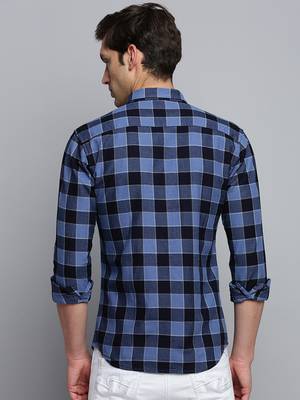 men's long sleeves gingham checks blue shirt 4