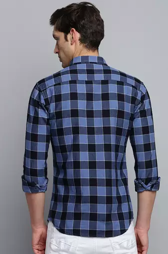 men's long sleeves gingham checks blue shirt
