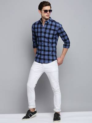 men's long sleeves gingham checks blue shirt 5