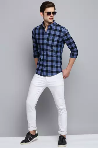 men's long sleeves gingham checks blue shirt