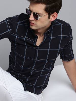 men's long sleeves windowpane checks navy blue shirt 1