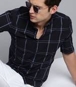 men's long sleeves windowpane checks navy blue shirt