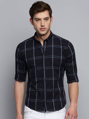 men's long sleeves windowpane checks navy blue shirt 2