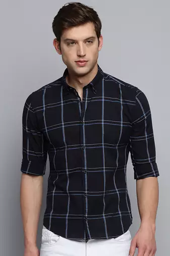 men's long sleeves windowpane checks navy blue shirt