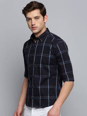 men's long sleeves windowpane checks navy blue shirt 3