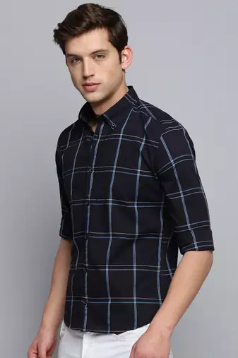 men's long sleeves windowpane checks navy blue shirt