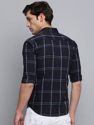 men's long sleeves windowpane checks navy blue shirt 4