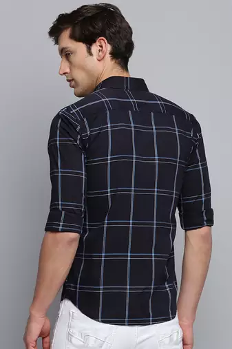 men's long sleeves windowpane checks navy blue shirt