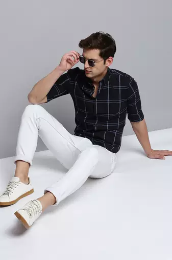 men's long sleeves windowpane checks navy blue shirt