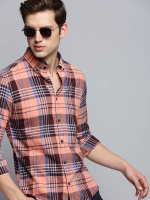 men's long sleeves tartan checks coral shirt 1