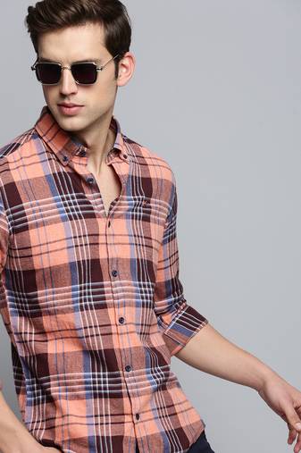 men's long sleeves tartan checks coral shirt