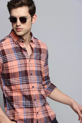 men's long sleeves tartan checks coral shirt