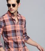 men's long sleeves tartan checks coral shirt