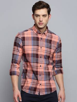 men's long sleeves tartan checks coral shirt 2