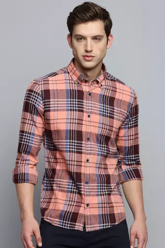 men's long sleeves tartan checks coral shirt