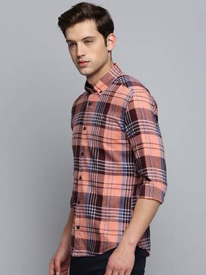 men's long sleeves tartan checks coral shirt 3