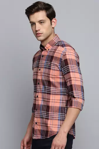 men's long sleeves tartan checks coral shirt