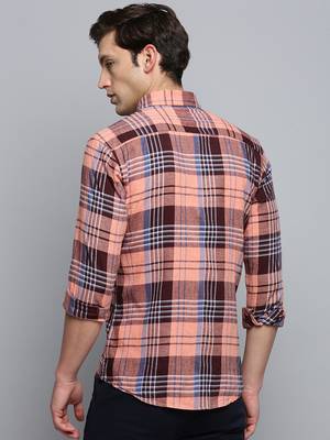 men's long sleeves tartan checks coral shirt 4
