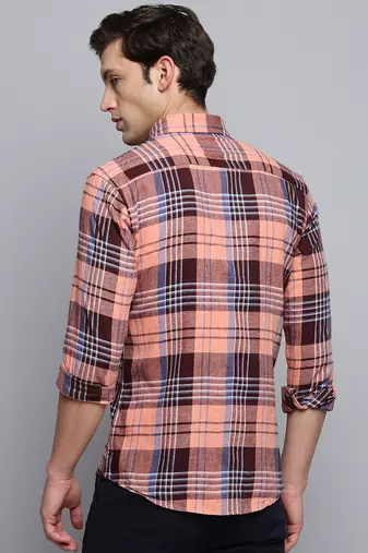 men's long sleeves tartan checks coral shirt