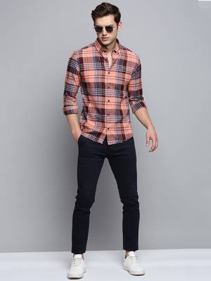 men's long sleeves tartan checks coral shirt 5