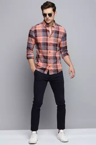 men's long sleeves tartan checks coral shirt