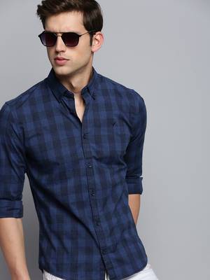 men's long sleeves gingham checks navy blue shirt 1