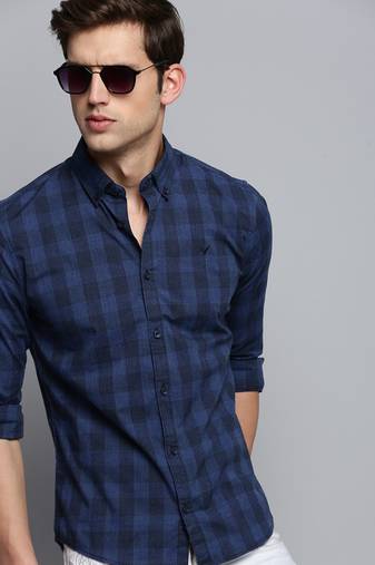 men's long sleeves gingham checks navy blue shirt