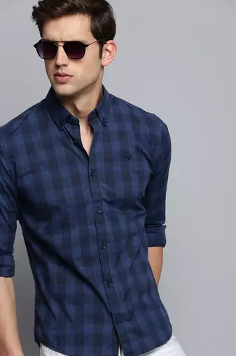 men's long sleeves gingham checks navy blue shirt