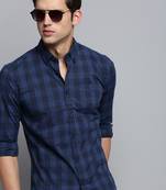 men's long sleeves gingham checks navy blue shirt