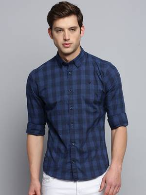 men's long sleeves gingham checks navy blue shirt 2