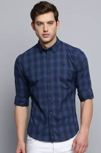 men's long sleeves gingham checks navy blue shirt