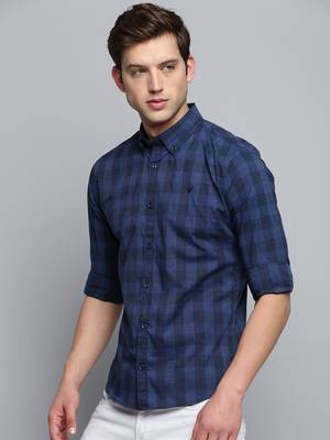 men's long sleeves gingham checks navy blue shirt 3