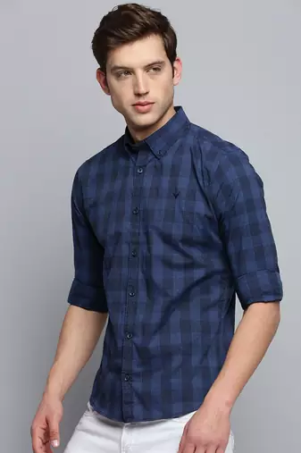 men's long sleeves gingham checks navy blue shirt