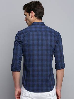 men's long sleeves gingham checks navy blue shirt 4