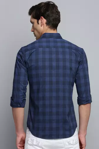 men's long sleeves gingham checks navy blue shirt