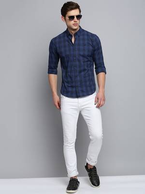 men's long sleeves gingham checks navy blue shirt 5
