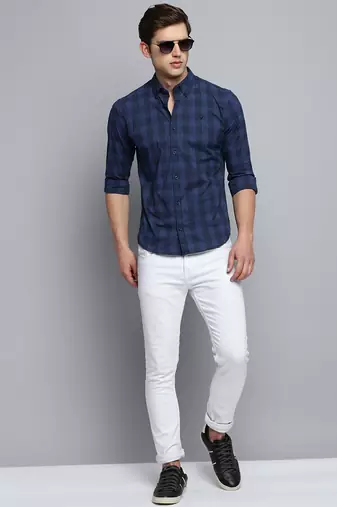 men's long sleeves gingham checks navy blue shirt